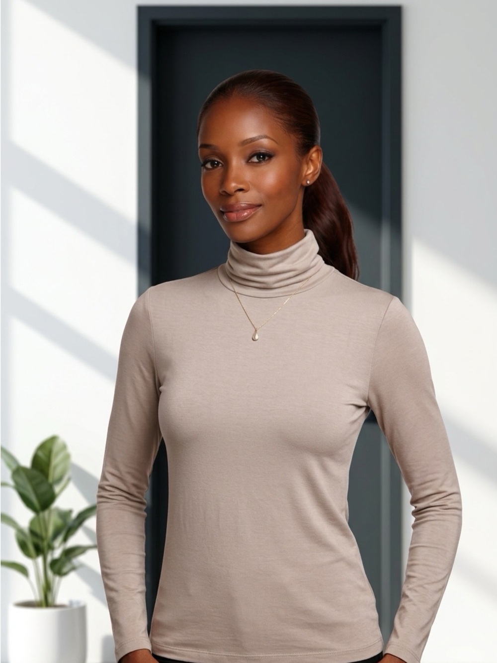 Joseph Ribkoff Classic Office  Neutral Tan Beige Turtleneck Top-8